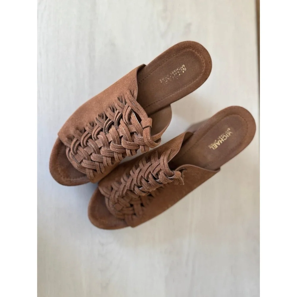 Michael Kors Brown Suede Woven Platform Mules Studded Block Heel 8M 38.5